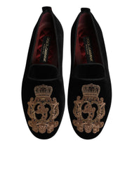 Dolce & Gabbana Black Velvet Gold Crown Mens Loafers Shoes - EU 40 | US 7 - Flats