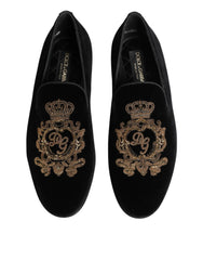 Dolce & Gabbana Black Velvet Gold Crown Mens Loafers Shoes - EU40/US7 - Flats