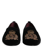 Dolce & Gabbana Black Velvet Gold Crown Mens Loafers Shoes - EU48/US15