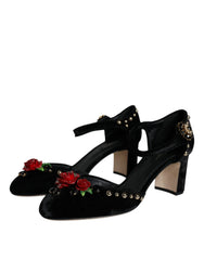 Dolce & Gabbana Black Velvet Roses Ankle Strap Pumps Shoes - EU37/US7 - Heels