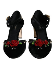 Dolce & Gabbana Black Velvet Roses Ankle Strap Pumps Shoes - EU37/US7 - Heels