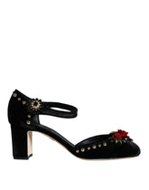 Dolce & Gabbana Black Velvet Roses Ankle Strap Pumps Shoes - EU37/US7 - Heels