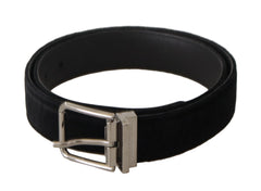 Dolce & Gabbana Black Velvet Silver Logo Engraved Metal Buckle Belt - 90 cm / 36 Inches - Belts