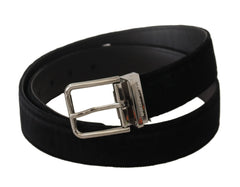 Dolce & Gabbana Black Velvet Silver Logo Engraved Metal Buckle Belt - 90 cm / 36 Inches - Belts