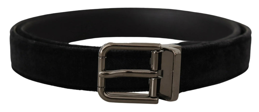 Dolce & Gabbana Black Velvet Silver Tone Logo Metal Buckle Belt - 75 cm / 29,5 Inches - Belts