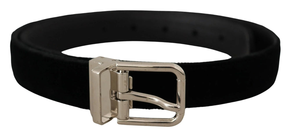 Dolce & Gabbana Black Velvet Silver Tone Metal Logo Buckle Belt - 80 cm / 32 Inches - Belts