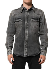 Dolce & Gabbana Black Washed Cotton Snap Long Sleeve Casual Shirt - 40 - Shirts