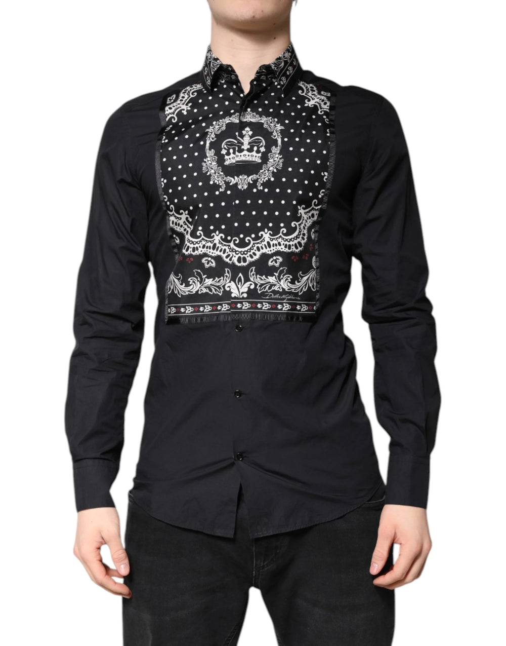Dolce & Gabbana Camisa Social Preta e Branca Estampada com Logotipo Dourado - IT37 | XS