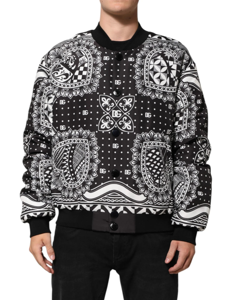 Chaqueta Bomber para Hombre con Estampado de Bandana Blanco y Negro de Dolce & Gabbana