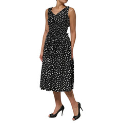 Dolce & Gabbana Black White Cotton Polka Dot Print V Neck Dress - IT40|S - Dresses