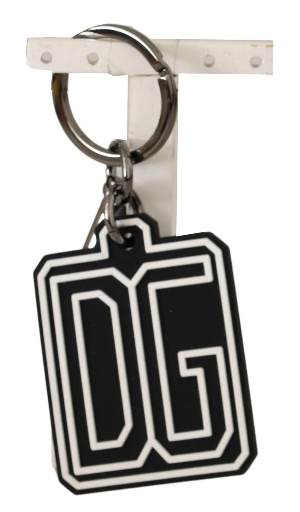 Dolce & Gabbana Black White DG Rubber Logo Silver Ring Keychain - Keychains