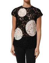 Top blusa maniche corte in pizzo floreale nero e bianco Dolce & Gabbana