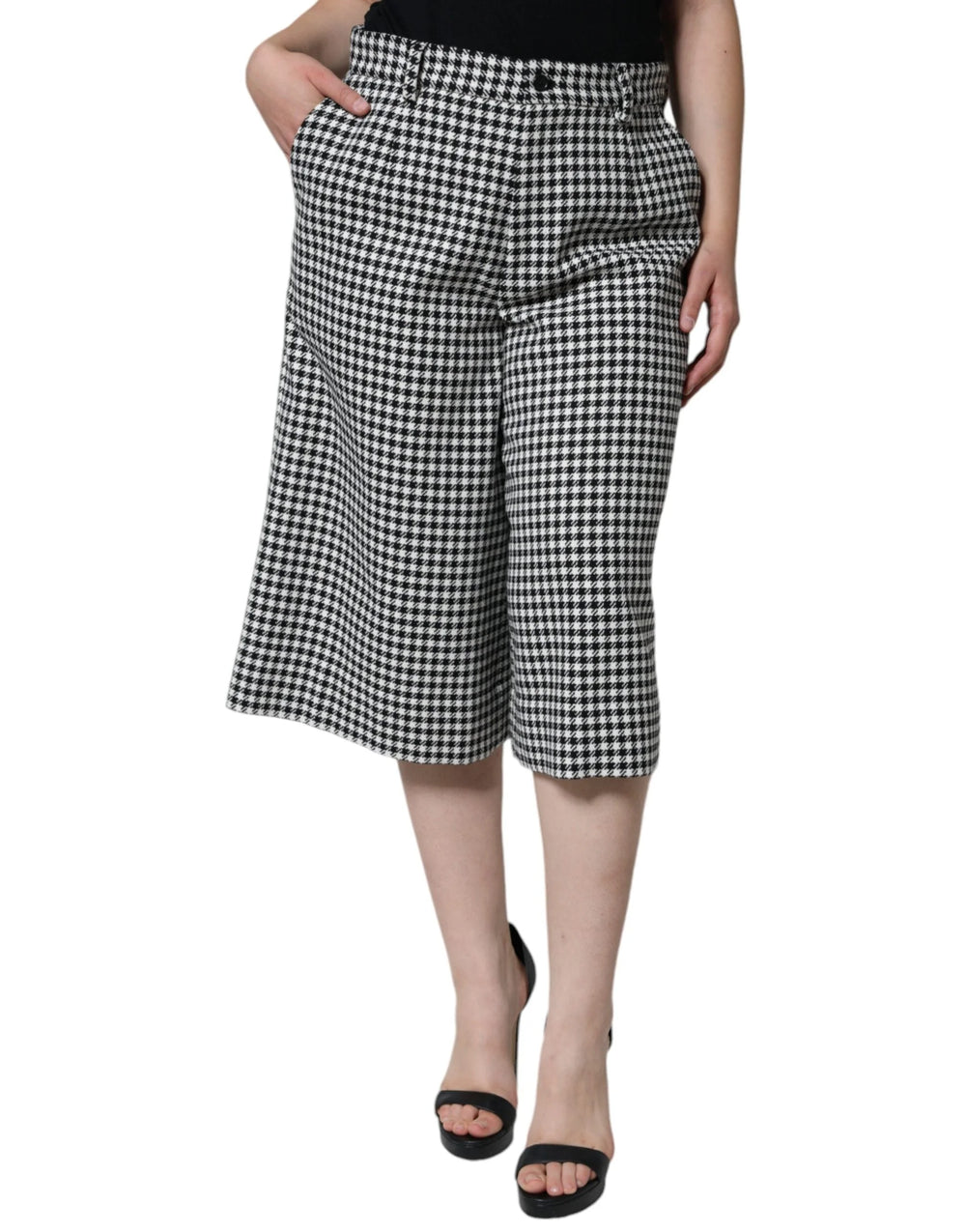 Dolce & Gabbana Black White Houndstooth Cropped Wide Leg Pants - IT48|XXL - Trousers