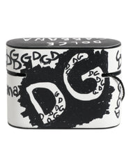 Dolce & Gabbana Black White Leather Scribble Embossed Logo Airpods Case - Headphone Carrying Cases