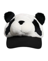 Dolce & Gabbana Damen-Baseballkappe in Schwarz-Weiß-Kunstpelz mit verspieltem Panda-Motiv und strukturiertem Schirm.