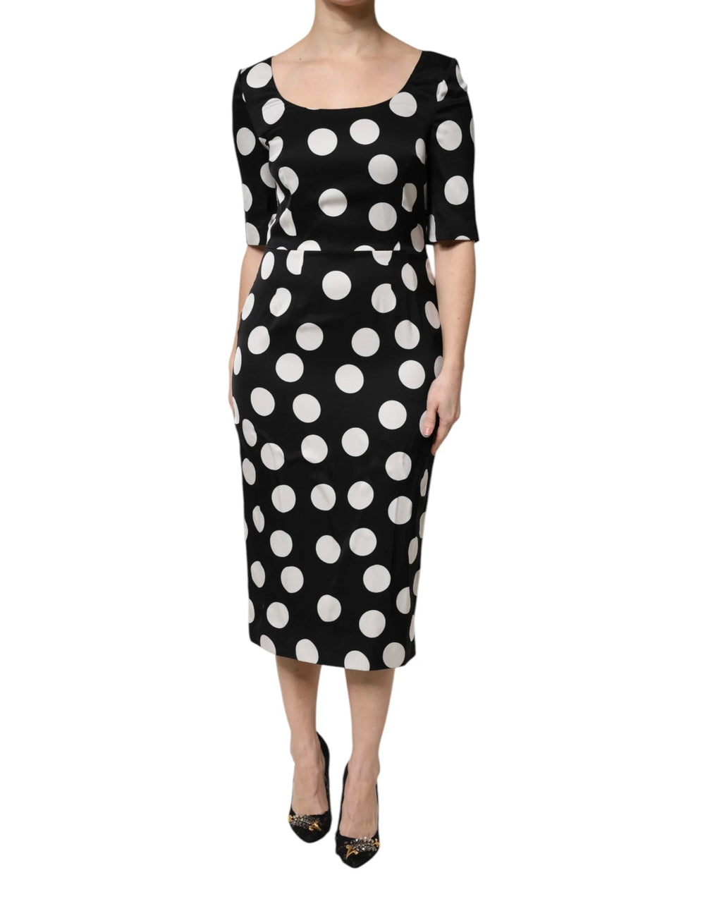 Dolce & Gabbana Vestido Midi de Seda con Estampado de Lunares Blanco y Negro - IT40|S - Vestidos