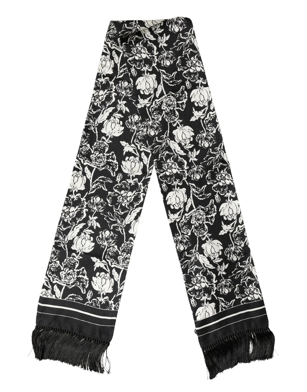 Dolce & Gabbana Black White Silk Floral Print Fringe 136cm X 15.5cm Scarf