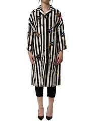 Dolce & Gabbana Black White Striped Embellished Coat Jacket - IT38 | XS