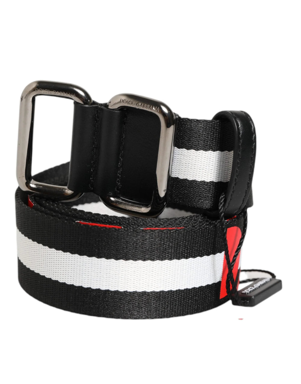 Dolce & Gabbana Black White Striped Logo Metal Buckle Belt - 105 cm / 42 Inches - Belts