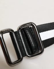 Dolce & Gabbana Black White Striped Logo Metal Buckle Belt - Belts
