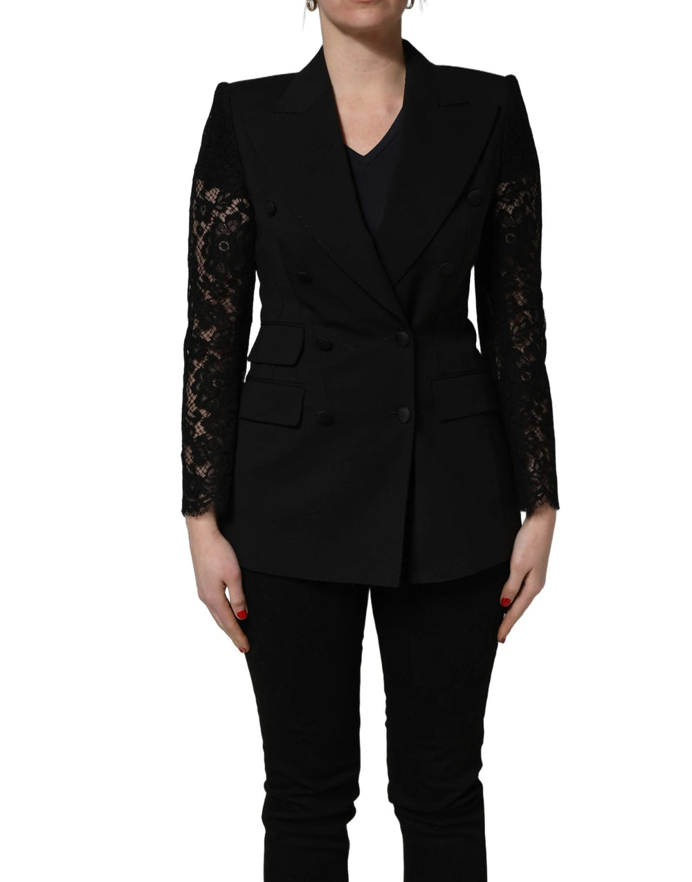 Dolce & Gabbana Black Wool DoubleBreasted Lace Sleeve Jacket - IT38 | XS