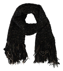 Dolce & Gabbana Black Wool Knitted Wrap Foulard Fringe Scarf - Scarves & Shawls
