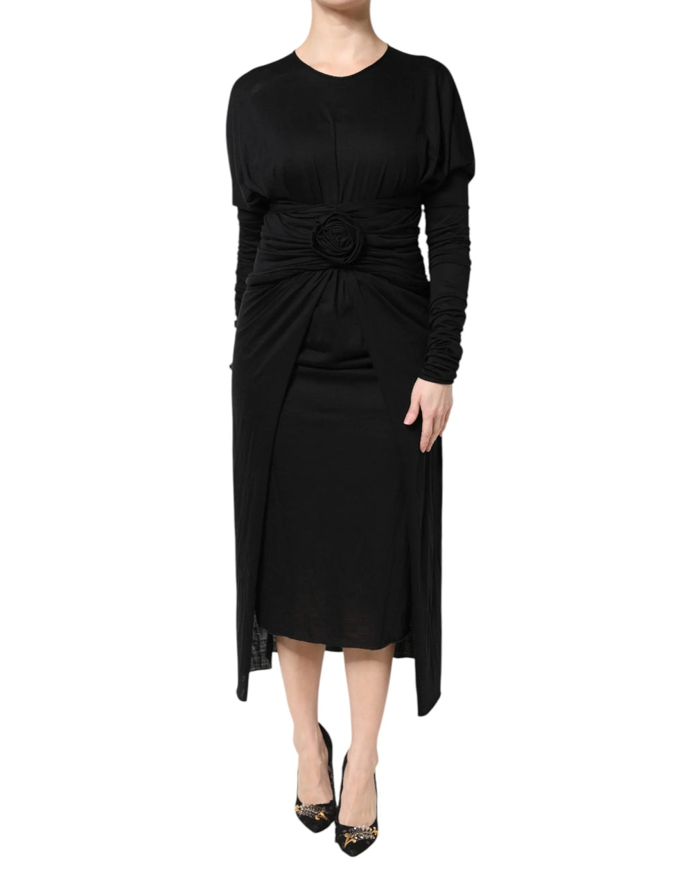 Dolce & Gabbana Black Wool Long Sleeves Sheath Midi Dress - Dresses