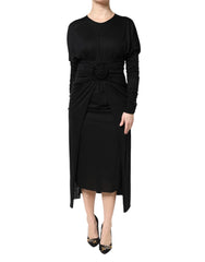 Dolce & Gabbana Black Wool Long Sleeves Sheath Midi Dress - Dresses