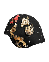 Dolce & Gabbana Fekete gyapjú, többszínű kristályokkal díszített cloche sapka