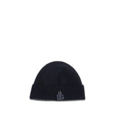 Front view of a Dolce & Gabbana black wool Oves Aries beanie featuring a minimalist ribbed knit design for men.