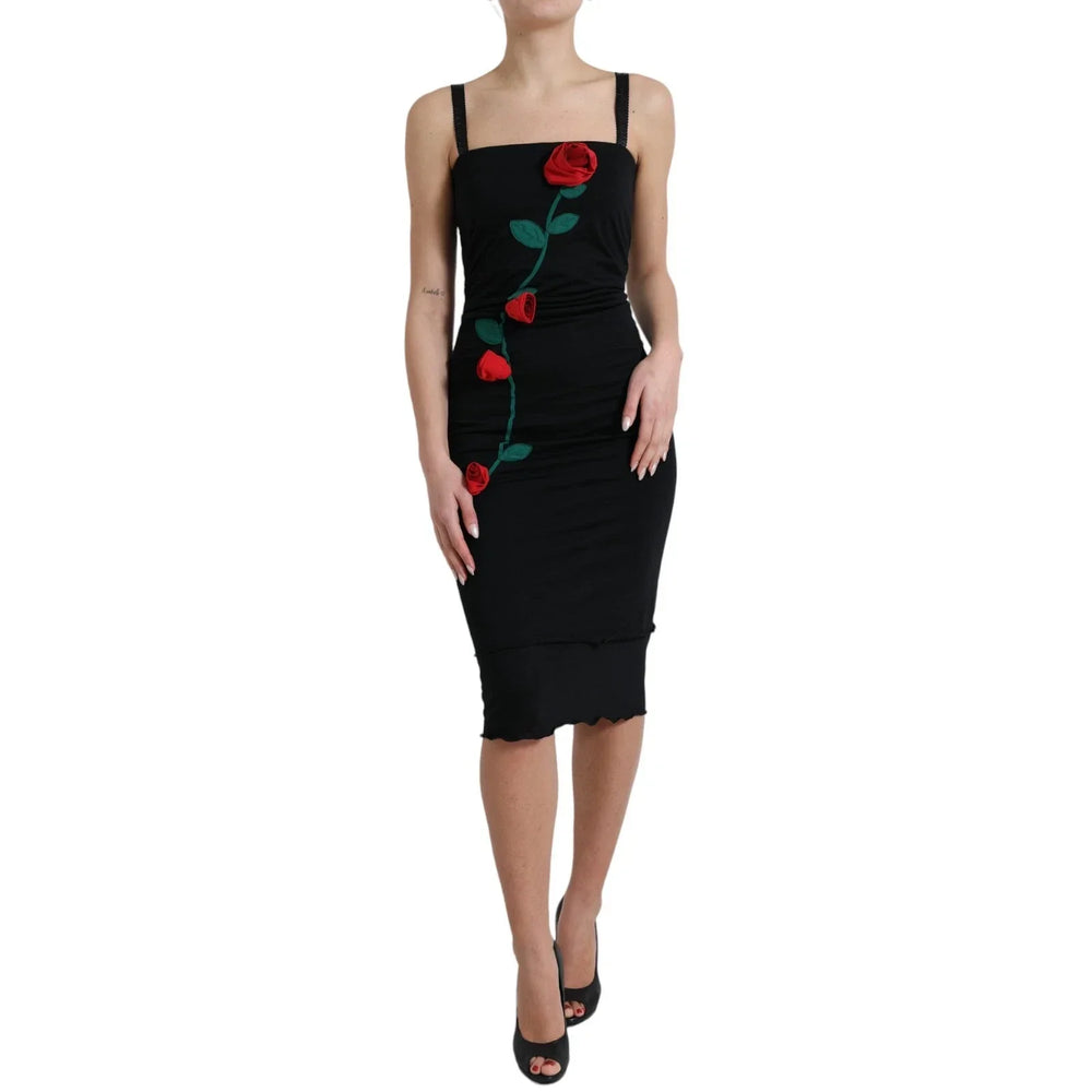 Dolce & Gabbana Black Wool Sleeveless Rose Applique Dress - Dresses