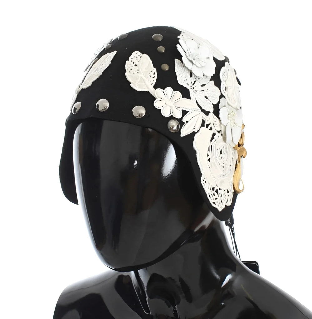 Dolce & Gabbana Black Wool White Floral Gold Leaf Hat - Hats