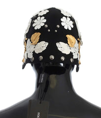 Dolce & Gabbana Black Wool White Floral Gold Leaf Hat - Hats