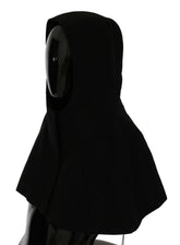 Dolce & Gabbana schwarzer Woll-Kapuzen-Schal, Frontansicht des eleganten Winteraccessoires mit voller Kopfbedeckung.