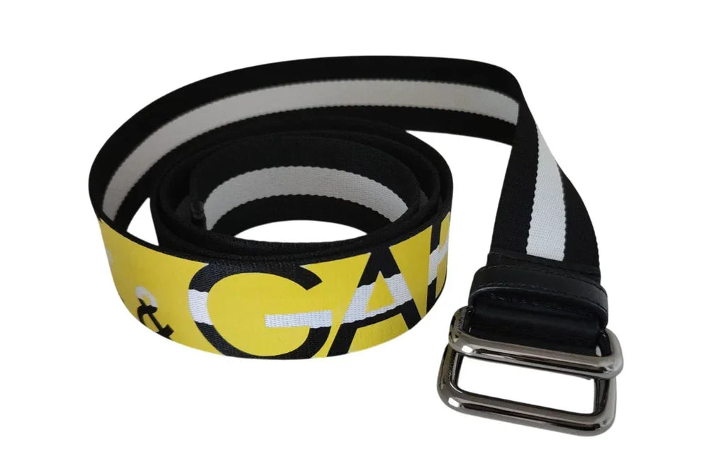 Dolce & Gabbana Black Yellow Logo Striped Metal Buckle Belt - Belts
