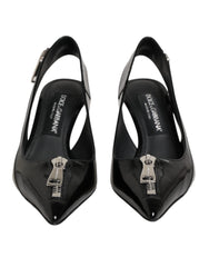 Dolce & Gabbana Black Zipper Leather Heels Slingbacks Shoes - EU37/US6.5 - Heels