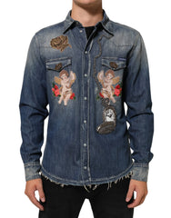 Dolce & Gabbana Blue Angel Patch Denim Buttoned Down Men Shirt - IT41 | L - Shirts