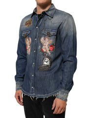 Dolce & Gabbana Blue Angel Patch Denim Buttoned Down Men Shirt - IT41 | L - Shirts