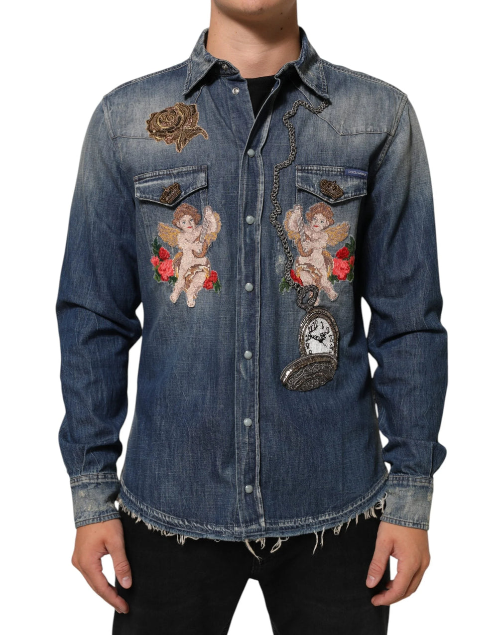 Dolce & Gabbana Blue Angel Patch Denim Buttoned Down Men Shirt - IT41 | L - Shirts