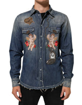 Dolce & Gabbana Blue Angel Patch Denim Buttoned Down Men Shirt - IT41 | L - Shirts