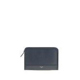 Front view of a Dolce & Gabbana men's clutch bag in deep blue Bos Taurus calf leather with silver-tone logo hardware.