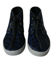 Dolce & Gabbana Blue Calfskin Leopard Mid Top Sneakers Shoes - Sneakers