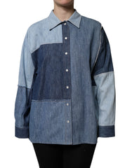 Dolce & Gabbana Blue Cotton Button Up Collared Long Sleeve Top - Polos