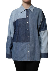 Dolce & Gabbana Blue Cotton Button Up Collared Long Sleeve Top - Polos