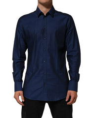 Dolce & Gabbana Blue Cotton Collared Men GOLD Dress Shirt