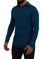 Dolce & Gabbana Blue Cotton Collared Slim Pullover Sweater - Sweaters