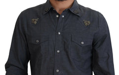 Dolce & Gabbana Blue Cotton Denim Crystal Bee Shirt - Shirts