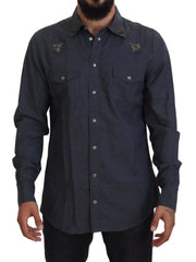 Dolce & Gabbana Blue Cotton Denim Crystal Bee Shirt - Shirts