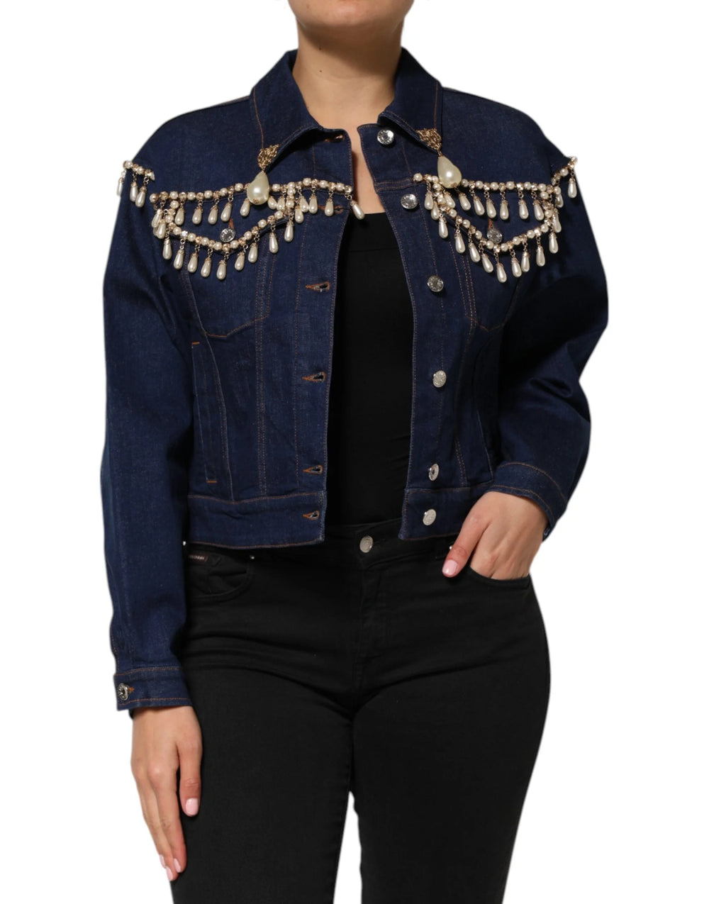 Dolce & Gabbana Blue Cotton Denim Crystal Embellished Jacket - Trucker Jackets