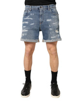 Dolce & Gabbana Blue Cotton Distressed Denim Bermuda Shorts